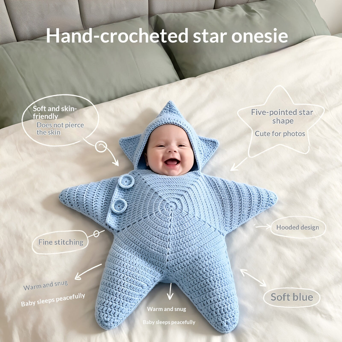 Starfish crochet baby sleeping bag, close-up of starfish design
