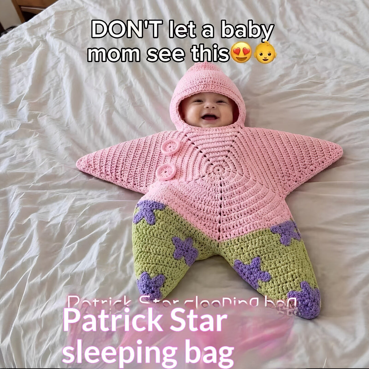 Starfish crochet baby sleeping bag, soft yarn texture close-up